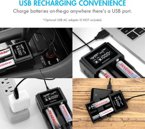Vista 5 de Tenergy TN471U 2-Bay Universal Battery Charger with LCD for Li-ion/NiMH/NiCD Rechargeable Batteries, Micro USB Input, Portable Charger for