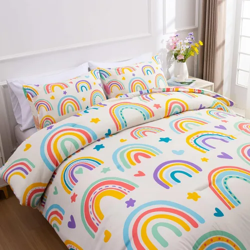 Vista 4 de Btargot Juego de edredón de 3 piezas para niños con 2 fundas de almohada, corazones de amor de dibujos animados, soles y estrellas, juego de ropa