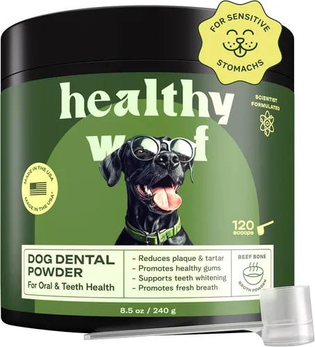 Vista 8 de Polvo dental para limpieza de dientes de perros. Caldo de huesos completo para el cuidado bucal. Fabricado en los Estados Unidos. 2.1 oz, 30