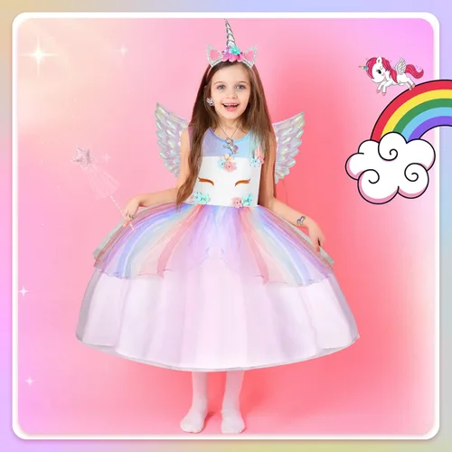 Vista 4 de Geyoga Ropa de vestir de princesa de unicornio para niñas disfraz de unicornio arcoíris con diadema varita justa accesorios de joyería