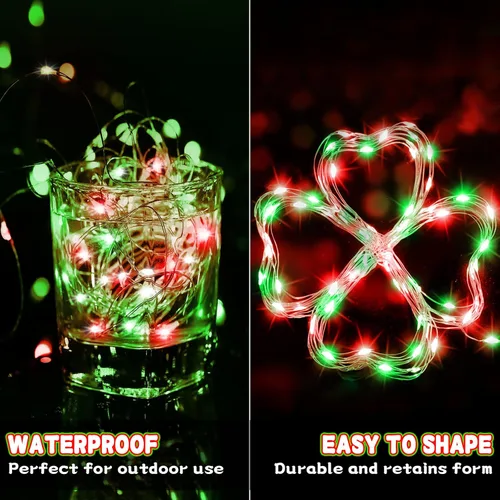 Vista 3 de Luces de Hadas LED a Batería, 16.4 pies Luces de Cadena de Navidad Rojas y Verdes, Luces de Cadena Estrelladas de Alambre de Cobre Alimentadas por