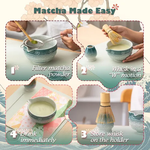 Vista 6 de Juego de té Matcha, kit japonés de 8 piezas con cuenco cerámico de diseño de flores de cerezo y olas, batidor de bambú, soporte para batidor