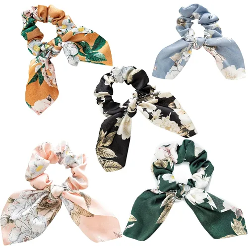 Vista 11 de Bufanda de pelo de gasa azul con lazo, soporte para cola de caballo y coleteros de cinta para mujeres y niñas