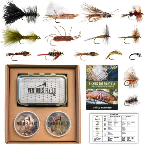 Ventures Fly Co. Surtido de 40 moscas de pesca con mosca atadas a mano de alta calidad Caja de moscas incluida Seco, húmedo, ninfas, serpentinas,