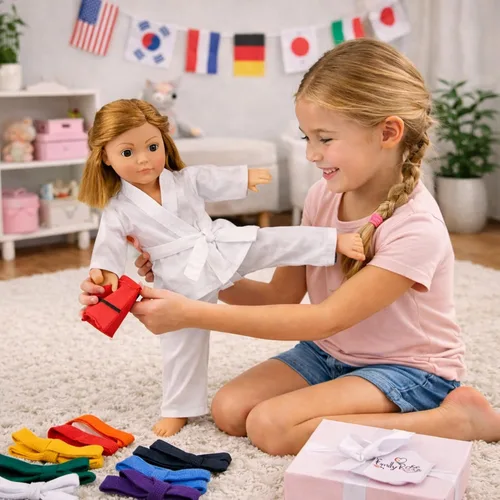 Vista 3 de Emily Rose Conjunto de 11 piezas de ropa y accesorios de muñeca de taekwondo de artes marciales de 18 pulgadas con 9 cinturones de clasificación