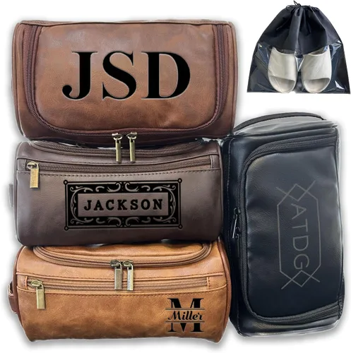 Neceser de cuero personalizado para hombres con gancho, regalo de padrinos de boda, bolsa de viaje con grabado láser, monograma de cuero, regalo de