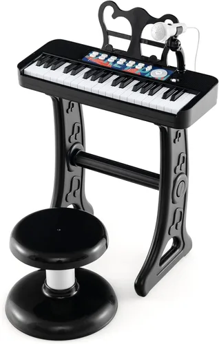 Costzon Piano para niños, teclado de piano de juguete de 37 teclas con micrófono, taburete y soporte de música, piano electrónico portátil, juguete