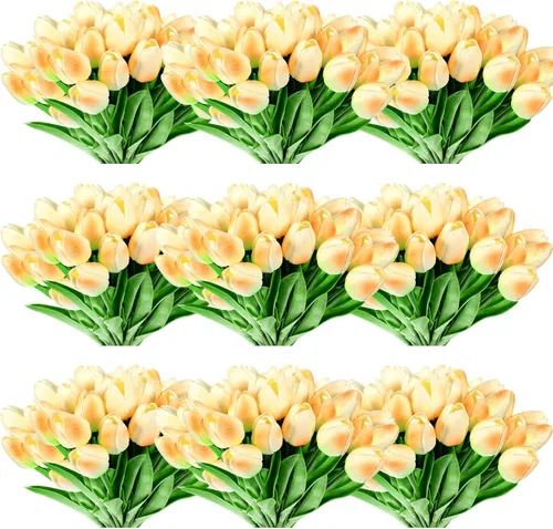 Vista 11 de Jexine 100 tulipanes artificiales reales, ramo de flores artificiales a granel con tallo para centros de mesa, bodas, novia, Pascua, día