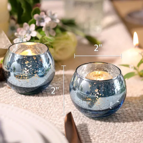 Vista 2 de Volens - Portavelas votivas redondas azules, juego de 12, decoraciones de mesa para centro de mesa de boda azul, portavelas de vidrio de mercurio