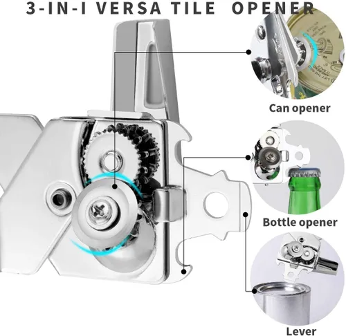 Vista 6 de Abridor de latas, de acero inoxidable, resistente, manual de abrelatas para cocina, borde liso, duradero, apto para alimentos, corte, 3 en 1