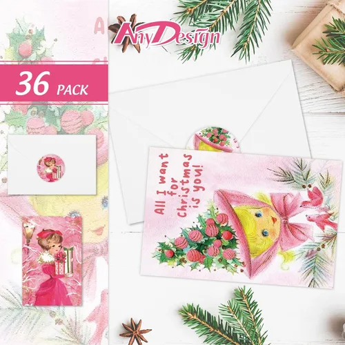 Vista 2 de AnyDesign 36Pcs Christmas Greeting Cards 12 Designs Vintage Pink Note Cards with White Envelopes and Adhesive Stickers Xmas Blank Gift Card for