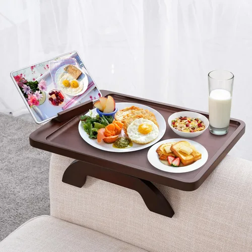 Vista 13 de SINWANT Mesa de Brazo para Sofá, Mesas de Reposabrazos de Sofá de Madera de Acacia, Mesa de Reposabrazos de Sofá con Soporte para Teléfono de 360°