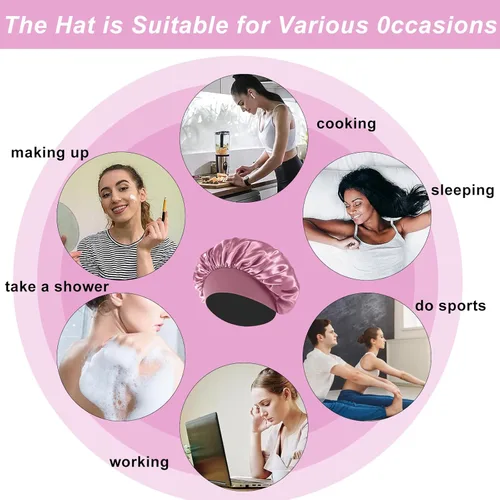 Vista 6 de 4 gorros de satén de seda para mujeres y hombres negros, banda ancha elástica para cabello rizado, gorro de ducha para dormir