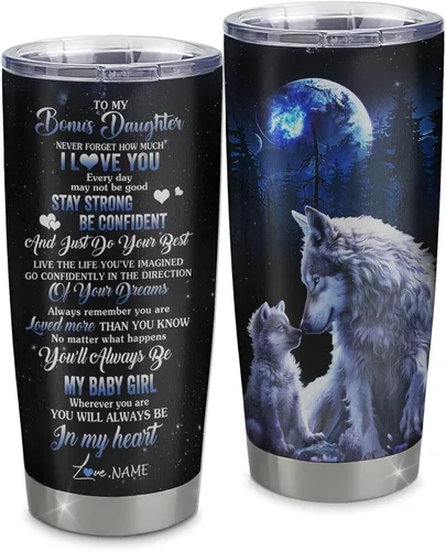 Vista 13 de Vaso de acero inoxidable personalizado con texto en inglés «To My Bonus Daughter From Stepmom», vaso curvado de 20 onzas con diseño de girasol