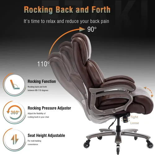 Vista 6 de Silla de oficina grande y alta de 400 libras, soporte lumbar ajustable, ruedas de goma silenciosas, base de metal resistente, escritorio ejecutivo