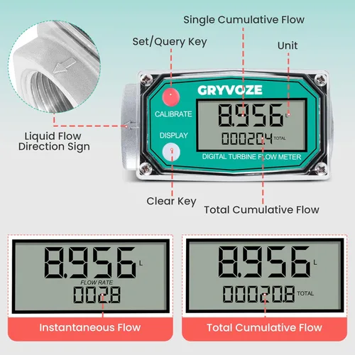 Vista 2 de Medidor de flujo de combustible de turbina digital de 1 pulgada, medidor de flujo de rosca NPT en línea de 2.6-26 GPM con adaptadores de 3/4