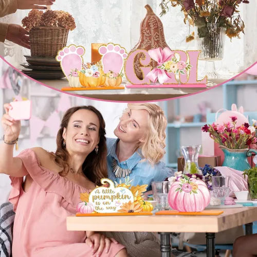 Vista 4 de 6 piezas de decoración de otoño para baby shower de calabaza para niñas, decoración de mesa de otoño de madera para baby shower, centros de mesa