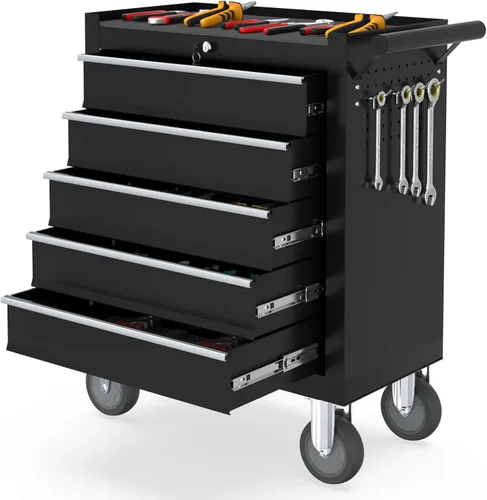 Caja de herramientas con 5 cajones de metal, portátil, con ruedas, caja de herramientas con cerradura para almacén, garaje, taller de reparación y