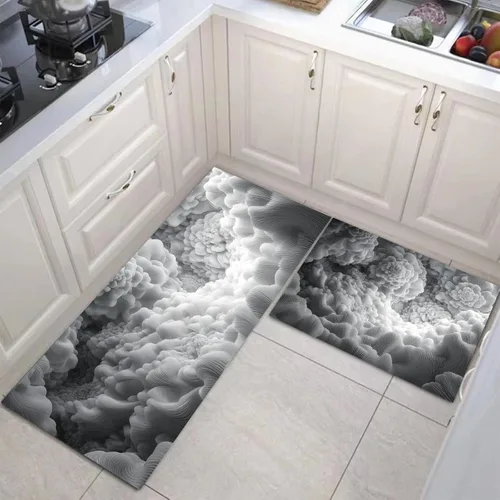 3D Abstract Cloud Sea Kitchen Mats, Retro Geometric Space Kitchen Rugs Set of 2, Charcoal Gray Washable Floor Carpet, Xmas Decor Mats for Hallways