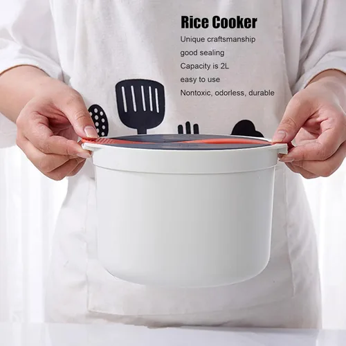 Vista 5 de Olla arrocera para microondas, 2 L, para microondas, para hacer pastas de arroz y verduras, cuchara, colador de tapa, antiadherente, utensilios