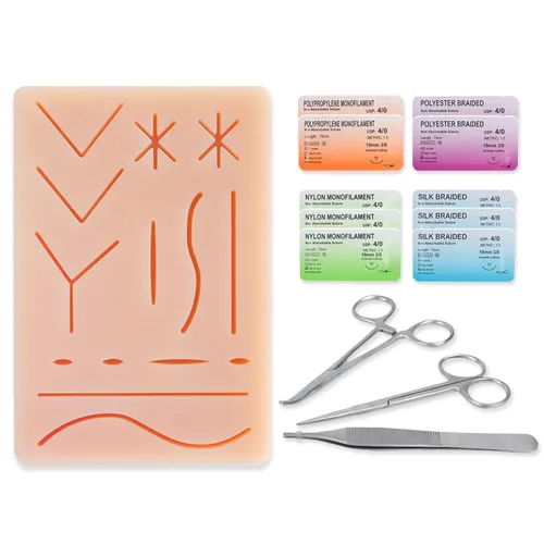 Vista 10 de Kit de práctica de sutura para estudiantes de medicina Incluye almohadilla de silicona grande, hilos de sutura, kit de herramientas, tablero