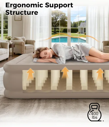 Vista 4 de Colchón de aire individual con bomba integrada, cama de aire inflable individual con bolsa de almacenamiento portátil, adecuado para el hogar e Caqui