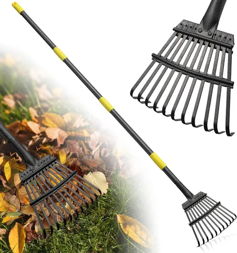 Rastrillo para hojas: rastrillo de jardín de metal pequeño, 8.5 pulgadas de ancho, 11 púas de metal, rastrillos de hojas para niños ligeros y