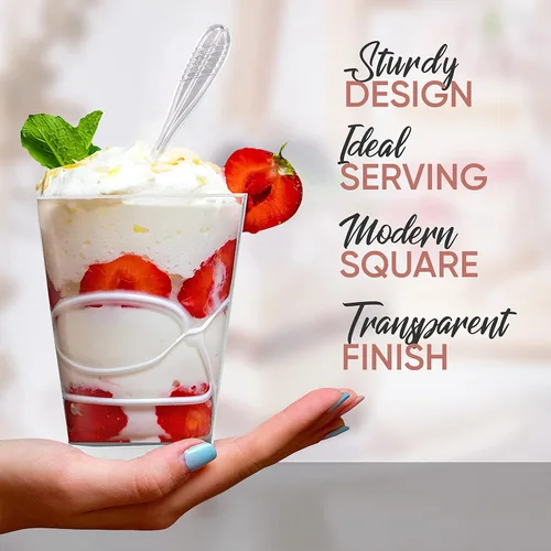 Vista 6 de Seepary 50 paquetes de tazas transparentes de postre de 5 onzas con tapas y cuchara, mini tazas de pudín de plástico transparente para parfait, taza