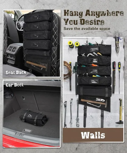 Vista 8 de ARCFOX Bolsa organizadora de herramientas enrollable de lona encerada vintage, 25 bolsillos, bolsa enrollable de herramientas para automóvil con 5