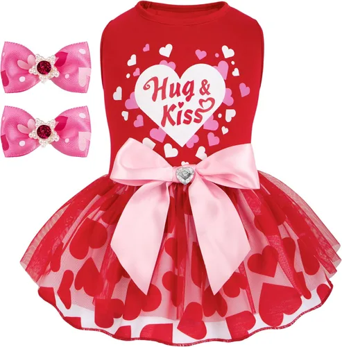 cyeollo Vestido para perro para el día de San Valentín, ropa de vacaciones para perros con estampado de corazón, vestidos de tul para perros