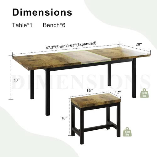 Vista 2 de Feonase - Juego de mesa de comedor de 7 piezas con 6 taburetes, mesa de cocina extensible de 63 pulgadas para 4-8 personas, juego de muebles