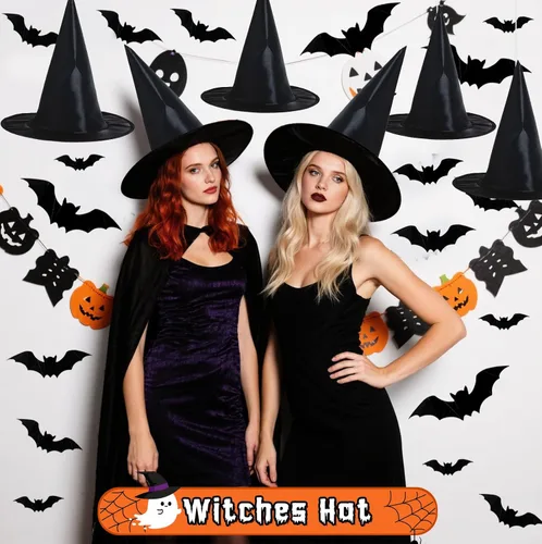 Vista 5 de H-Style Decoraciones de Halloween para interiores y exteriores – 8 sombreros de bruja y 32 piezas de decoración de murciélagos 3D, sombrero