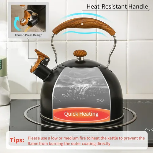 Vista 3 de LONFFERY Tetera para estufa, hervidor de té silbante de 2.5 cuartos de galón, con mango plegable de acero inoxidable de grado alimenticio