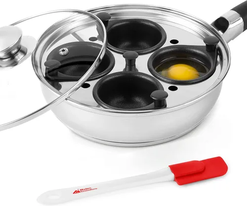 Innovaciones modernas de acero inoxidable 4 Pan de cazador furtivo de huevo conjunto con hueveras, bandeja, recipiente, tapa y espátula