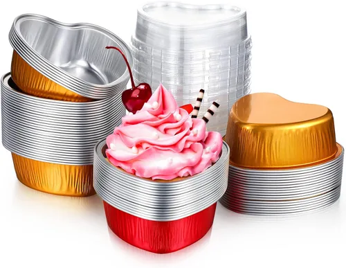 Vista 10 de Honeydak 100 juegos de moldes para hornear con forma de corazón, mini molde de aluminio de 3.4 onzas, lata desechable para cupcakes con tapas
