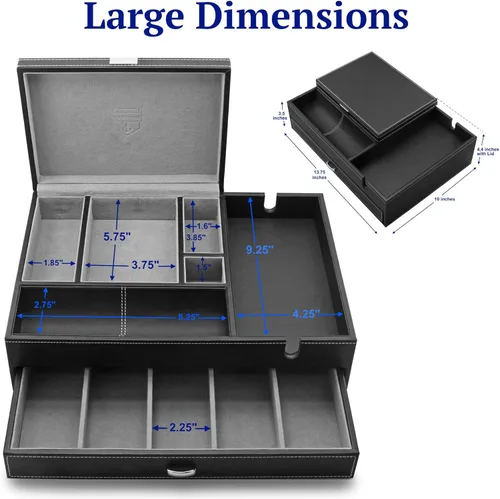 Vista 7 de HoundsBay Caja de tocador grande y caja de joyería para hombres, con gran estación de carga para teléfono celular