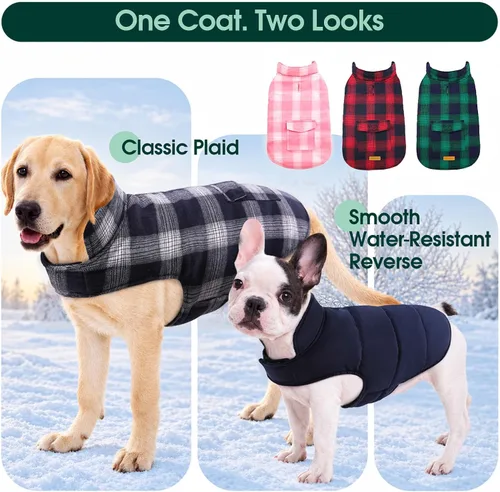 Vista 4 de Kuoser - Abrigo de invierno para perro reversible de estilo británico, abrigo de clima frío para cachorros, ropa resistente al viento, chaleco