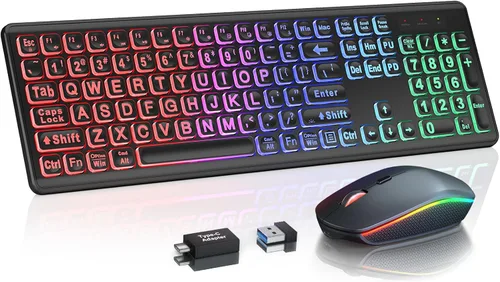 Vista 13 de Combo de teclado y mouse inalámbricos, retroiluminación RGB, recargable y letras iluminadas, tamaño completo, escritura suave, modo de suspensión