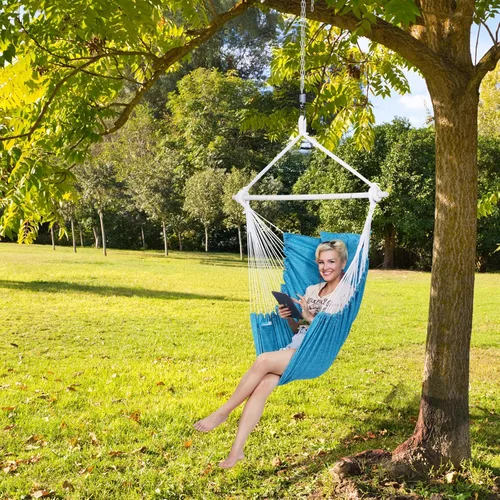 Vista 3 de Backyard Expressions - Silla hamaca colgante de cuerda, 2 almohadas, barra separadora de acero antideslizante