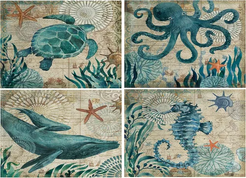 Vista 10 de Paquete de 4 manteles individuales vintage de mar, diseño de estrellas de mar, hipocampo, conchas marinas, diseño de océano, impermeables