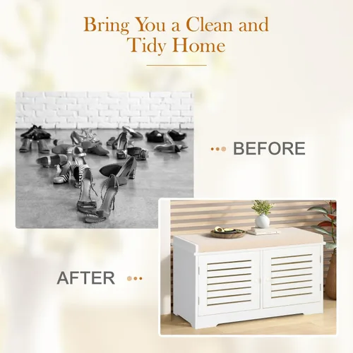 Vista 32 de MFSTUDIO Banco de almacenamiento de zapatos, banco de zapatos con armario de puerta de granero, 9 compartimentos abiertos, cojín de asiento