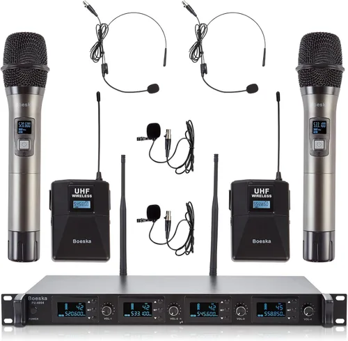 Sistema de micrófono inalámbrico de 4 canales UHF, 2 micrófonos de mano inalámbricos y 2 micrófonos de diadema Lavalier para karaoke, iglesia,