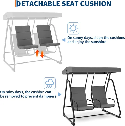 Vista 4 de GarveeLife Silla de columpio para porche para 2 personas, columpio para patio al aire libre resistente con toldo ajustable y cojines extraíbles