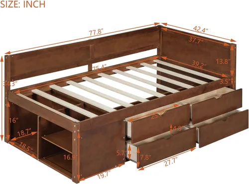 Vista 208 de Quarte Elegante cama de plataforma con estanterías en forma de L, cama de plataforma de madera tamaño individual con 2 cajones de almacenamiento