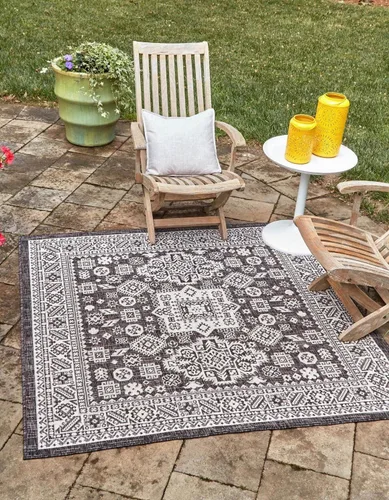 Vista 26 de Unique Loom Outdoor Aztec Collection Alfombra de área - Chalca (10 pies, redonda, azul/marfil)