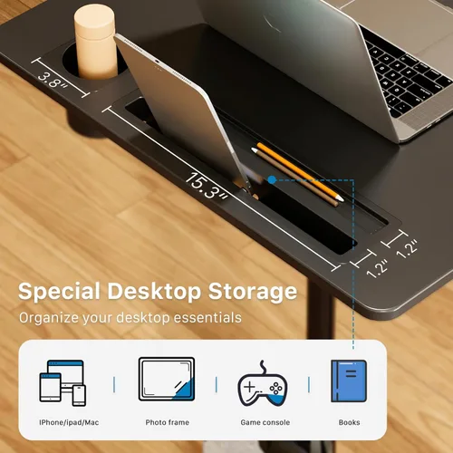 Vista 3 de Escritorio móvil de pie, escritorio portátil de 28 pulgadas con soporte para tazas, estación de trabajo móvil con ruedas, carrito de escritorio