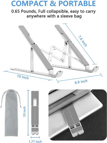 Vista 3 de Soporte para laptop, soporte portátil plegable de aluminio ajustable, almohadilla de silicona antideslizante completa, elevador de computadora
