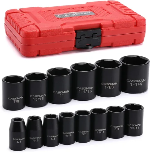Vista 9 de CASOMAN Juego de llaves de vaso de impacto profundo de 1/2 pulgada, juego de 13 piezas, 7/16"-1-1/4", CR-MO, SAE, estuche de almacenamiento
