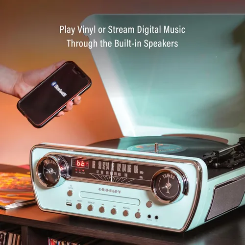 Vista 3 de Crosley CR6047A-AB Powel 7-en-1 Tocadiscos Bluetooth con entrada/salida de vinilo, radio AM/FM, reproductor de CD y entrada auxiliar, Azul Aqua