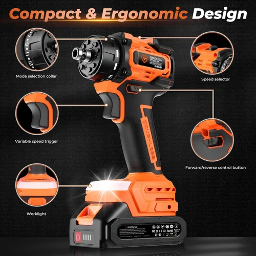 Vista 3 de Kit de taladro inalámbrico sin escobillas de 21 V, sistema de cabezal múltiple 5 en 1 con 2 baterías y cargador, adaptador de ángulo recto, cabezal